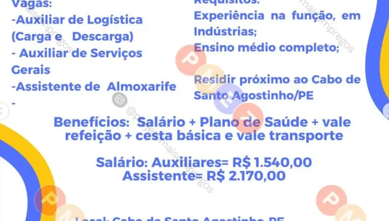 3 Vagas de emprego para Auxiliar De Logística, Auxiliar De Serviços Gerais, Assistente De Almoxarife na empresa Crescer em 08/09