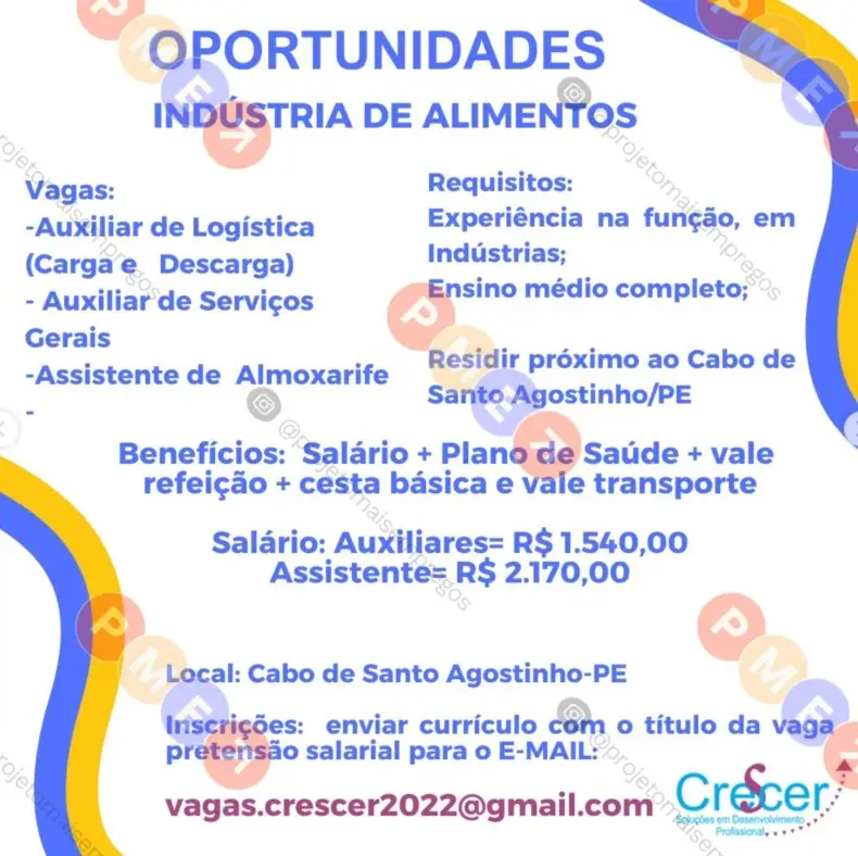 3 Vagas de emprego para Auxiliar De Logística, Auxiliar De Serviços Gerais, Assistente De Almoxarife na empresa Crescer em 08/09