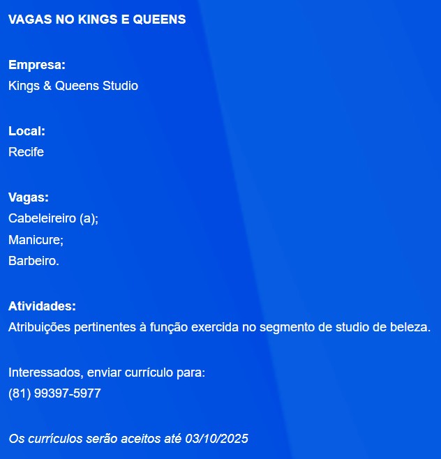 3 Vagas de emprego para Cabelereiro, Manicure, Barbeiro na empresa Salão de Beleza Studio Kings e Queens em 27/09