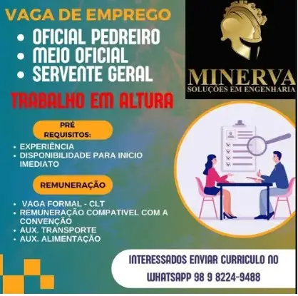 3 Vagas de emprego para Oficial Pedreiro, Meio Oficial, Servente na empresa Minerva em 08/09