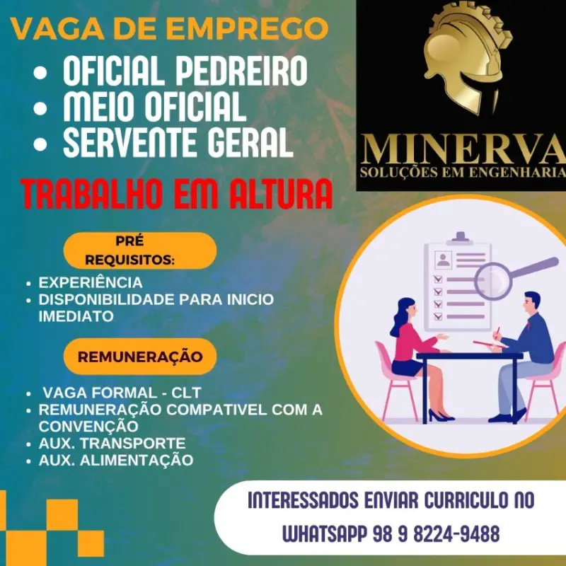 3 Vagas de emprego para Oficial Pedreiro, Meio Oficial, Servente Geral na empresa Minerva em 09/09