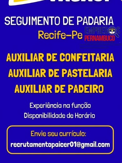 3 Vagas de emprego para Auxiliar De Confeitaria, Auxiliar De Pastelaria, Auxiliar De Padeiro no Segmento alimentício em 23/09