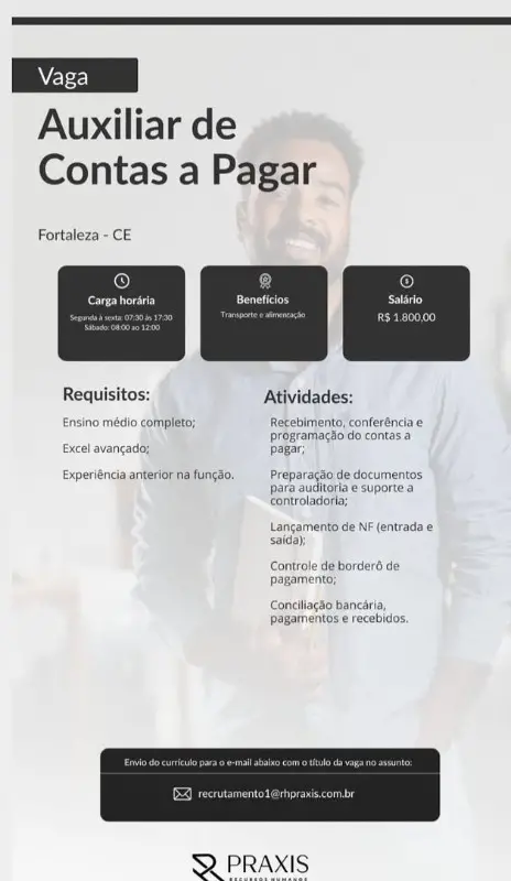 1 Vaga de emprego para Auxiliar De Contas A Pagar na empresa Grupo Praxis em 11/09