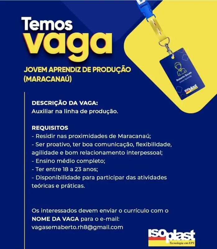 1 Vaga de emprego para Jovem Aprendiz De Produção na empresa Isoplast em 12/09