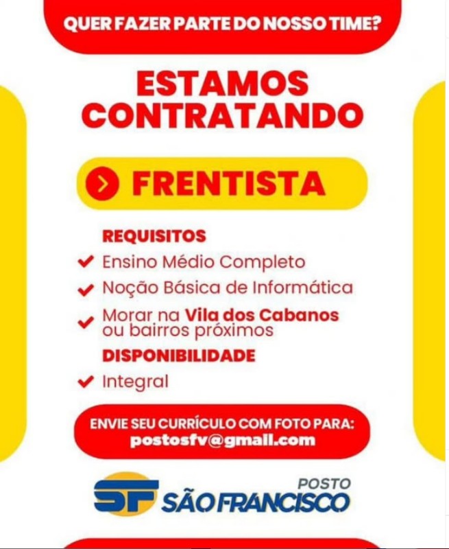 1 Vaga de emprego para Frentista na empresa POSTO SÃO FRANCISCO em 17/09