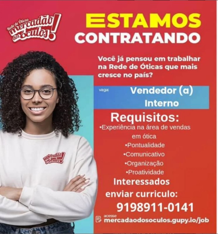1 Vaga de emprego para Vendedor Interno na empresa MERCADO DOS OCULOS em 19/09