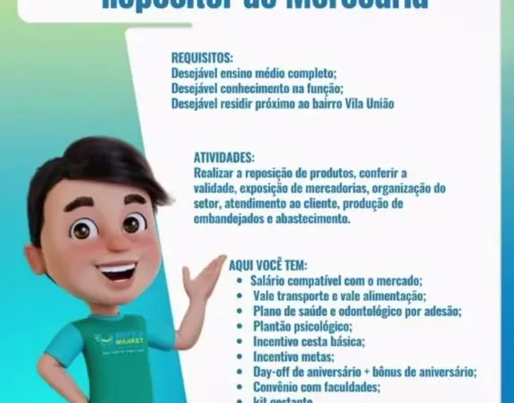 1 Vaga de emprego para Repositor De Mercearia na empresa Hiper Market em 08/09