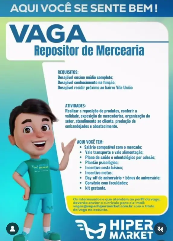 1 Vaga de emprego para Repositor De Mercearia na empresa Hiper Market em 08/09