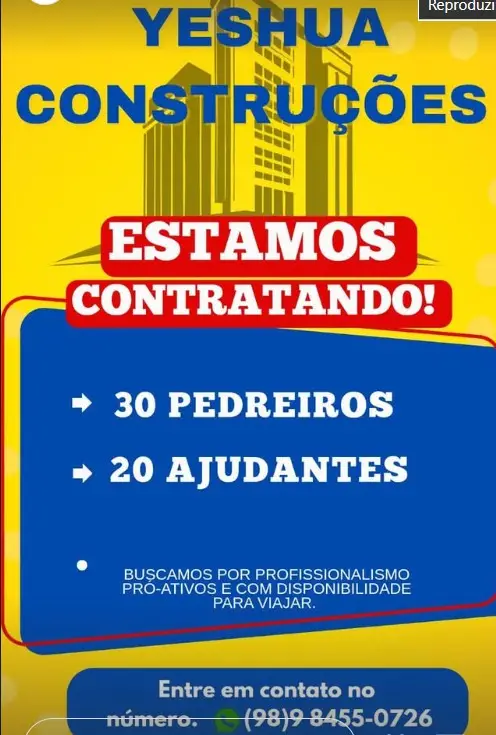 50 Vagas de emprego para Pedreiros, Ajudantes sem experiência na empresa Yeshua Construções em 06/09