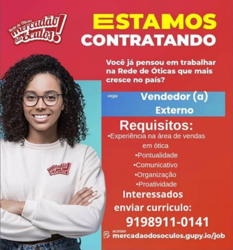 1 Vaga de emprego para Vendedor Externo na empresa MERCADO DOS OCULOS em 19/09