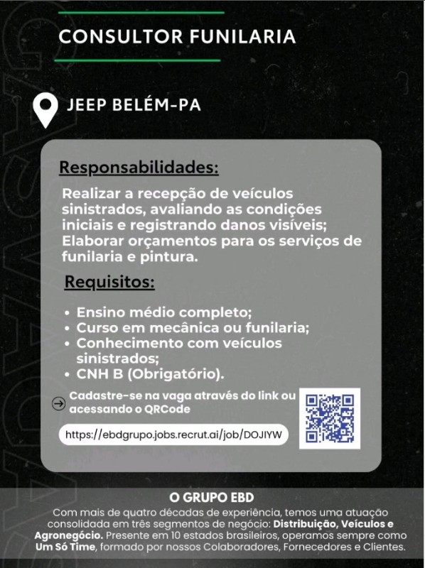 1 Vaga de emprego para Consultor Funilaria na empresa Grupo EBD em 30/09