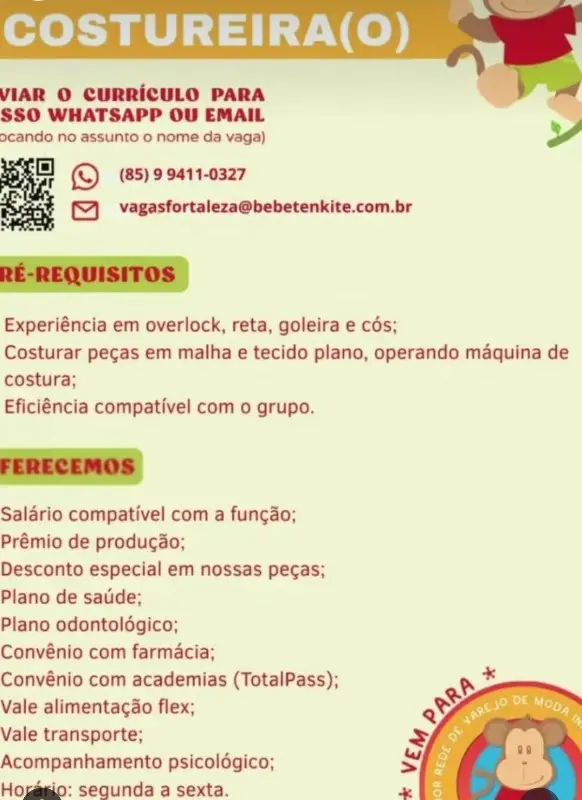1 Vaga de emprego para Costureiro na empresa Bebêtenkitê em 08/09