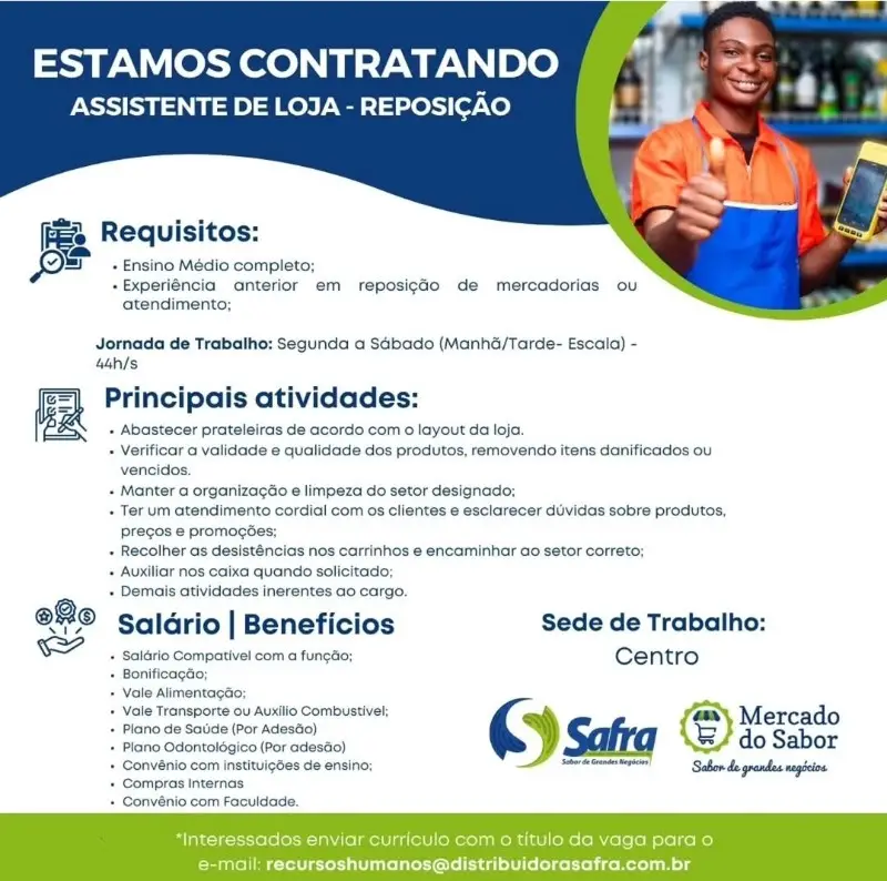 1 Vaga de emprego para Assistente De Reposição na empresa Mercado do Sabor em 12/09