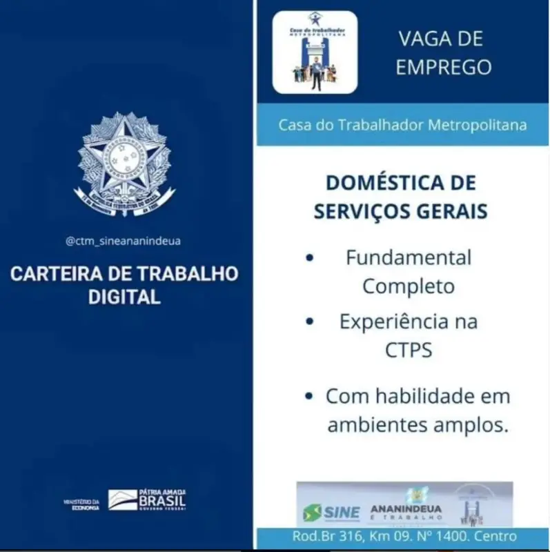1 Vaga de emprego para Serviços Gerais na empresa SINE em 06/09
