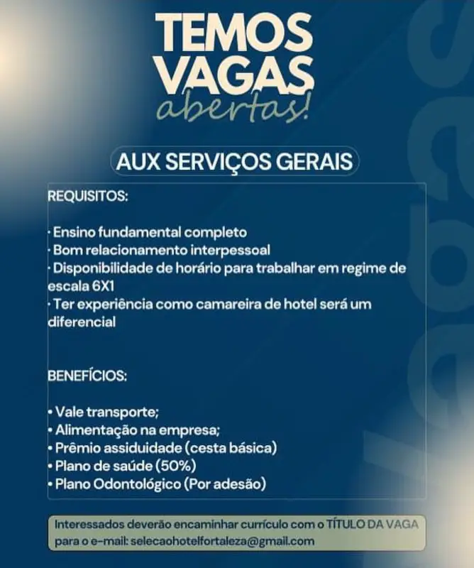 1 Vaga de emprego para Auxiliar De Serviços Gerais na empresa Hotel Fortaleza em 11/09