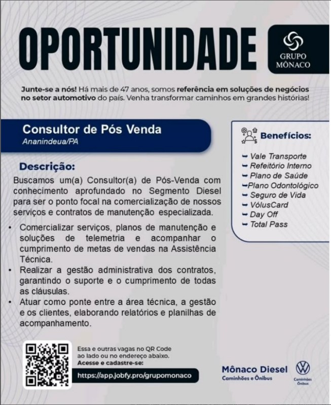1 Vaga de emprego para Consultor De Pós Venda na empresa Grupo Monaco em 30/09