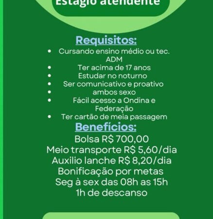 1 Vaga de emprego para Estágio Atendente no Bairro Ondina em 06/09