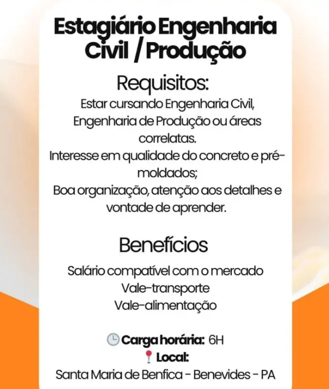 1 Vaga de emprego para Estagiaria Engenharia Civil Produção na cidade em 06/09