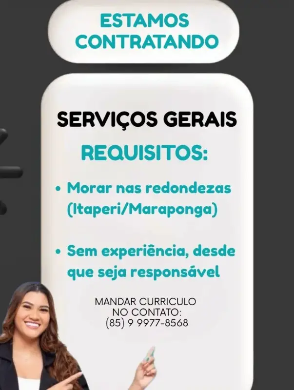 1 Vaga de emprego para Auxiliar De Serviços Gerais sem experiência no bairro de Itaperi em 11/09