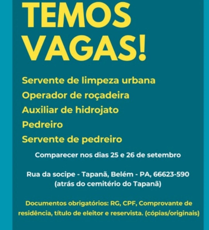 1 Vaga de emprego para Servente De Limpeza Urbana, Operador De Roçadeira, Auxiliar De Hidrojato Etc na Cidade em 27/09
