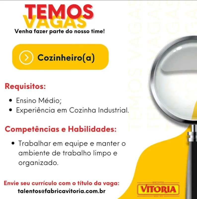 1 Vaga de emprego para Cozinheiro na empresa VITORIA em 06/09