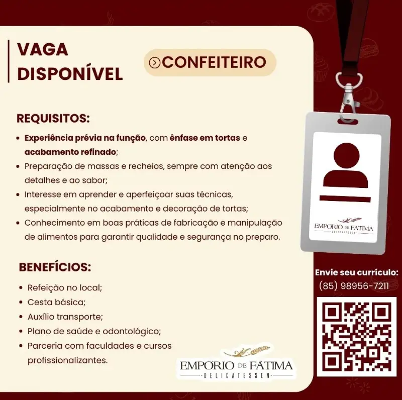 1 Vaga de emprego para Confeiteiro na empresa Empório de Fátima em 11/09