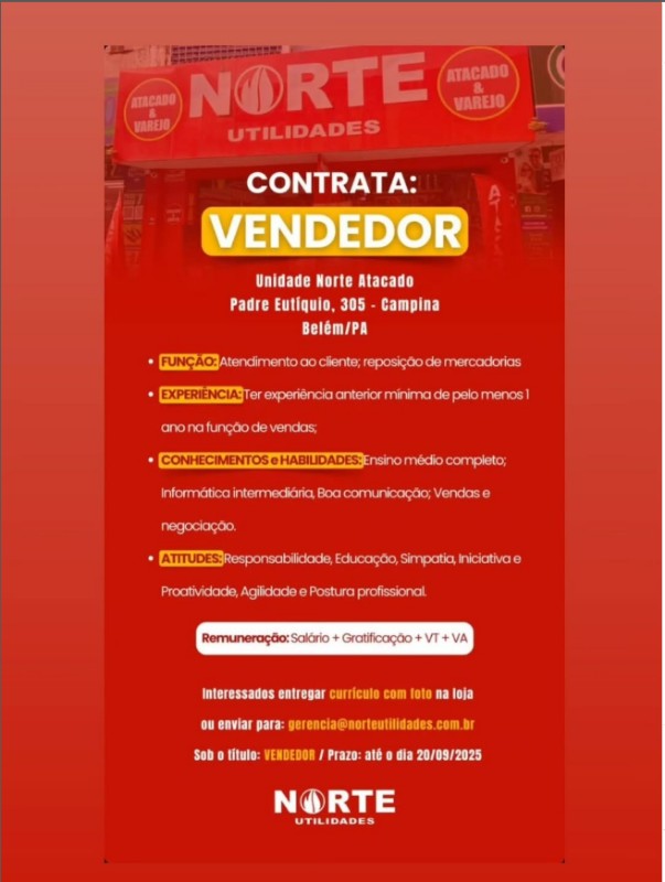 1 Vaga de emprego para Vendedor na empresa NORTE UTILIDADES em 17/09