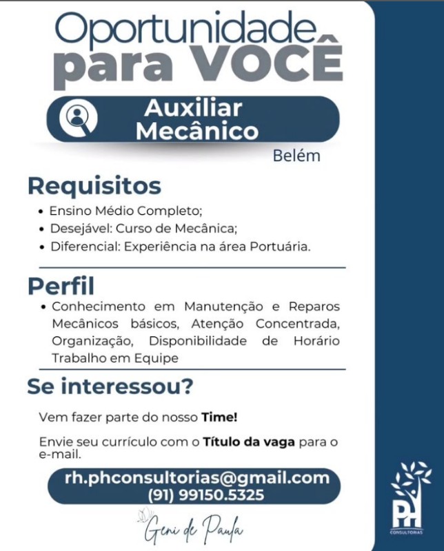 1 Vaga de emprego para Auxilioar Mecânico na empresa RH consultoria em 30/09