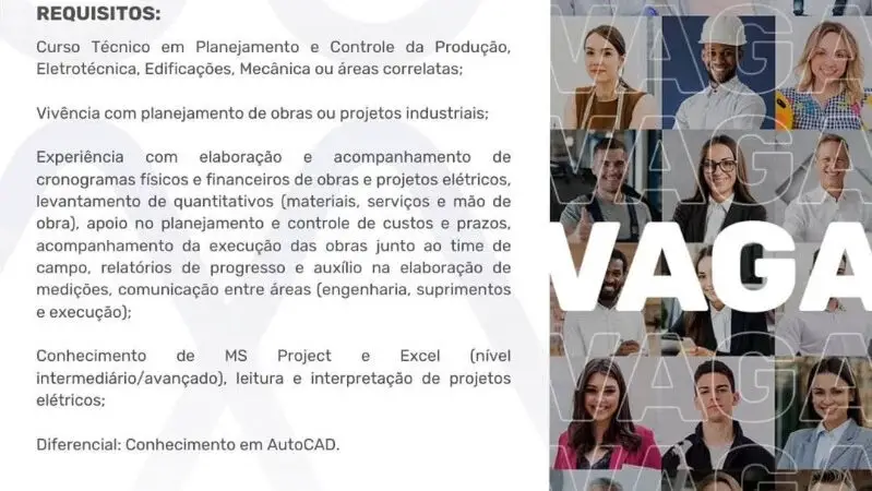 1 Vaga de emprego para Técnico De Planejamento no segmento de engenharia em 10/09