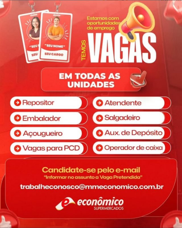 1 Vaga de emprego para Repositor, Embalador, Acougueiro, Atendente, Salgadeiro, Auxiliar De Deposito E Operador De Caixa na empresa ECONOMICO SUPERMERCADOS em 17/09