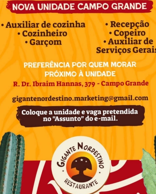 6 Vagas de emprego para Auxiliar De Cozinha, Cozinheiro, Garçom, Recepção, Copeiro, Auxiliar De Serviços Gerais na empresa Gigante Nordestino Restaurante em 23/09