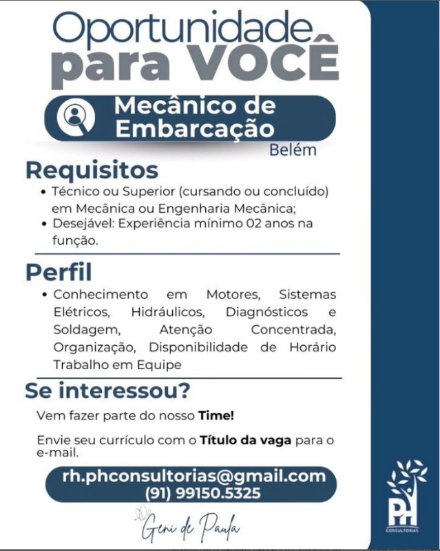 1 Vaga de emprego para Mecanico De Embarcação na empresa RH consultoria em 30/09