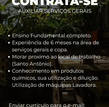 1 Vaga de emprego para Auxiliar Serviços Gerais na Cidade Santo Antonio em 06/09