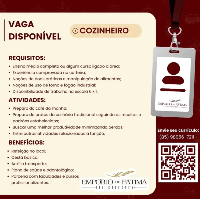 1 Vaga de emprego para Cozinheiro na empresa Empório de Fátima em 11/09