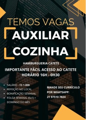 1 Vaga de emprego para Auxiliar Cozinha na empresa Hamburgueria Catete em 23/09