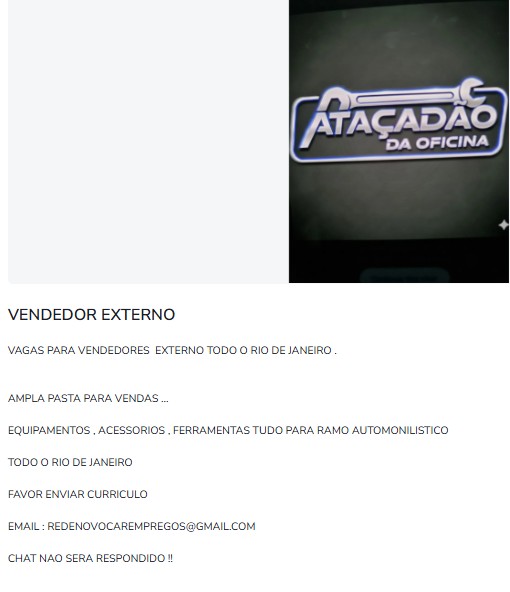 1 Vaga de emprego para Vendedor Externo na empresa Atacadão da Oficina em 25/09