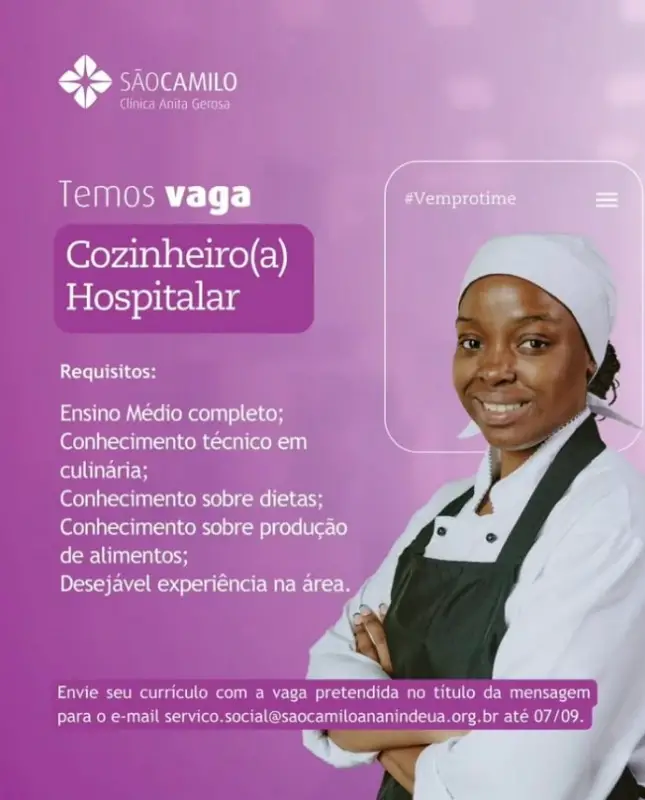1 Vaga de emprego para Cozinheiro Hospital na empresa SAO CAMILO CLINICA ANITA GEROSA em 05/09