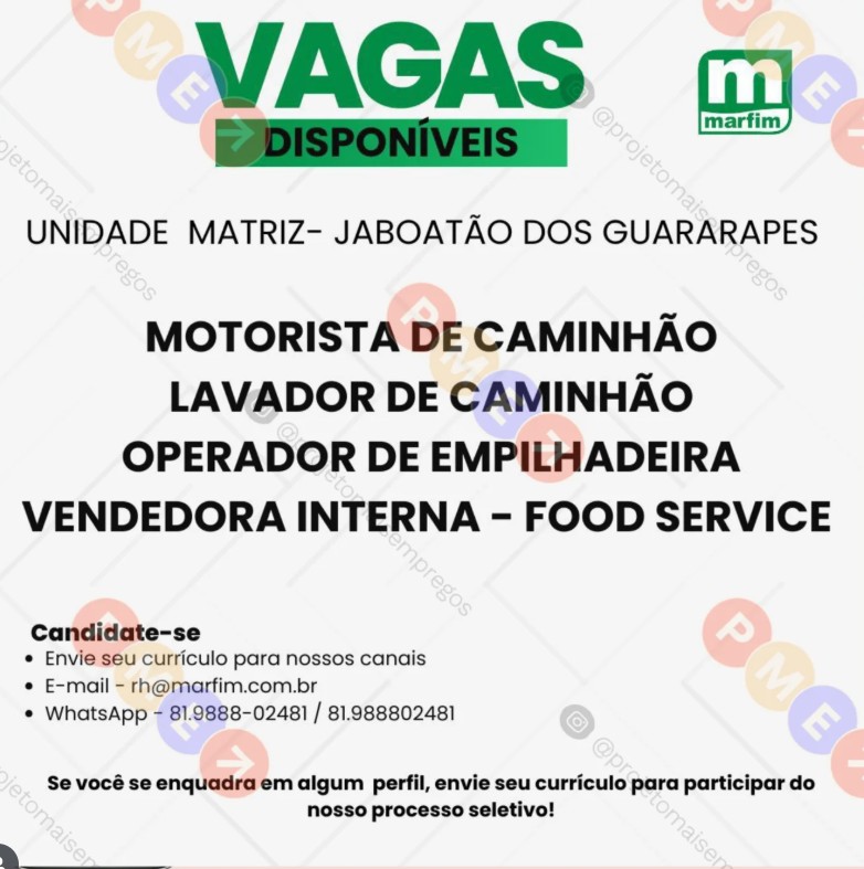 4 Vagas de emprego para Motorista De Caminhão, Lavador De Caminhão, Operador De Empilhadeira, Vendedora Interna na empresa Marfim em 27/09