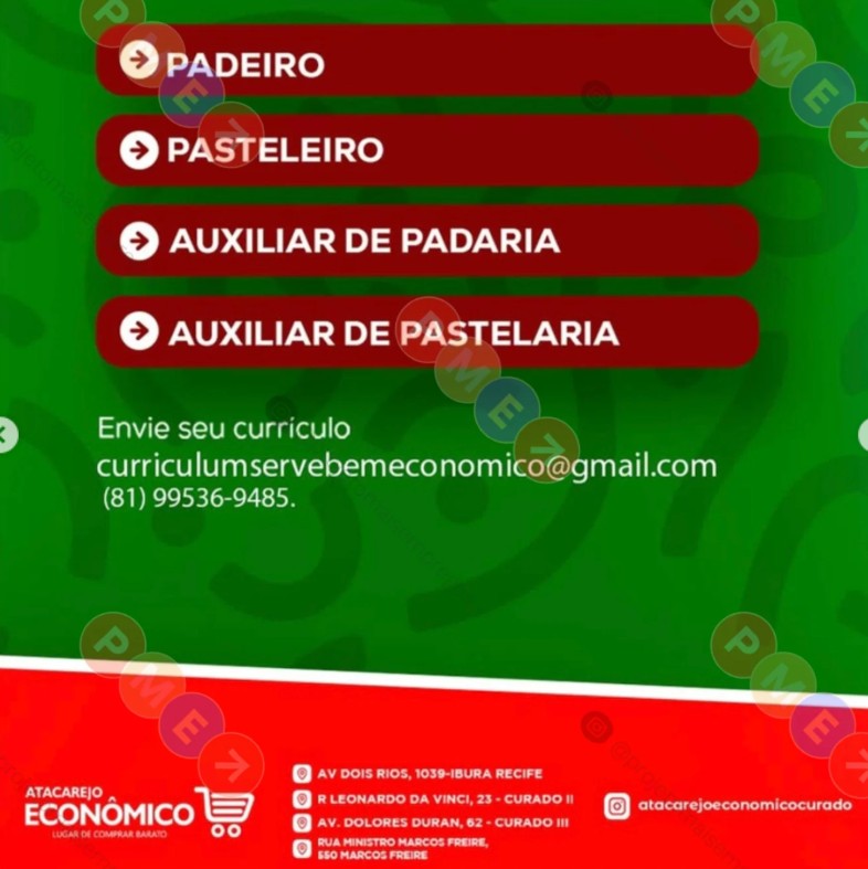 4 Vagas de emprego para Padeiro, Pasteleiro, Auxiliar De Padaria, Auxiliar De Pastelaria na empresa Atacarejo Econômico em 23/09