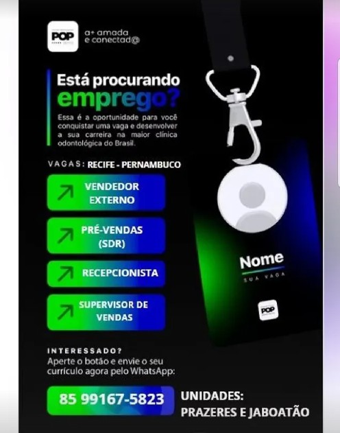 4 Vagas de emprego para Vendedor Externo, Pré Vendas, Recepcionista, Supervisor De Vendas na empresa Clínica Odontológica Pop em 19/09