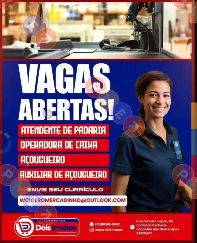 4 Vagas de emprego para Atendente De Padaria, Operador De Caixa, Açougueiro, Auxiliar De Açougueiro na empresa Mercado Dois Irmãos em 10/09