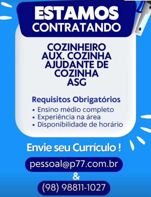 4 Vagas de emprego para Cozinheiro, Auxiliar De Cozinha, Ajudante De Cozinha, Auxiliar De Serviços Gerais no Segmento alimentício em 12/09
