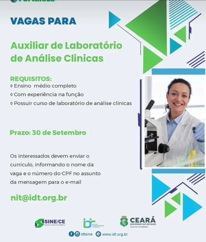 1 Vaga de emprego para Auxiliar De Laboratório no segmento de saúde em 12/09