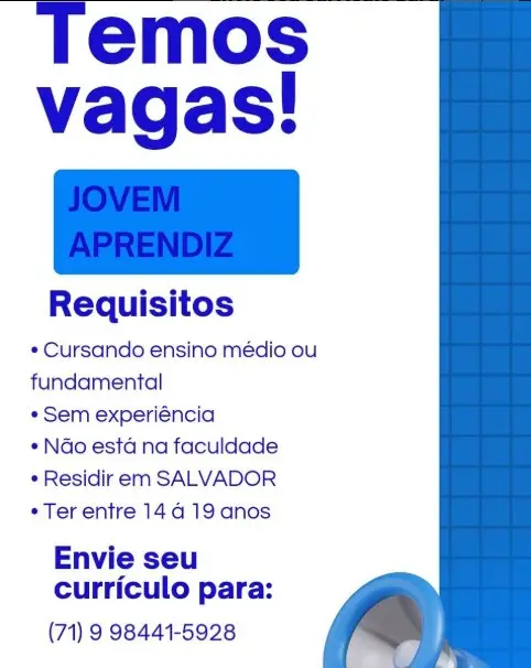 1 Vaga de emprego para Jovem Aprendiz sem experiência na cidade Salvador em 06/09