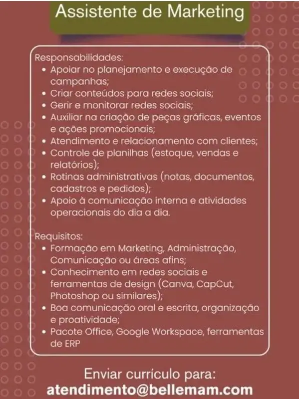 1 Vaga de emprego para Assistente De Marketing na empresa Grupo Bellemam em 11/09