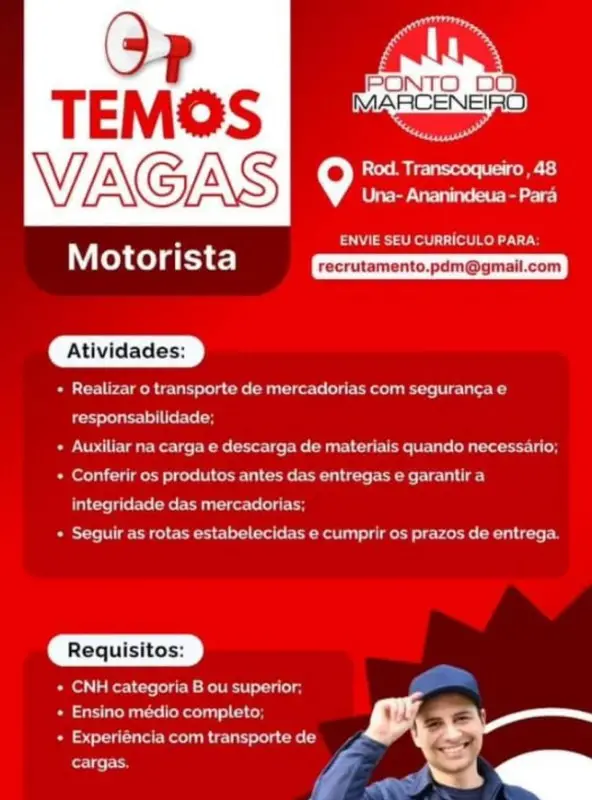 1 Vaga de emprego para Motorista na empresa PONTO DO MARCENEIRO em 06/09