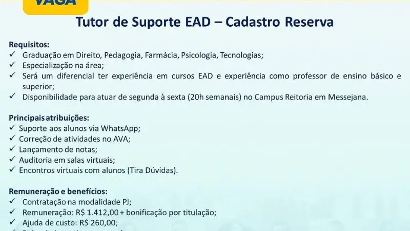 1 Vaga de emprego para Tutor De Suporte Ead na empresa Uniateneu em 10/09