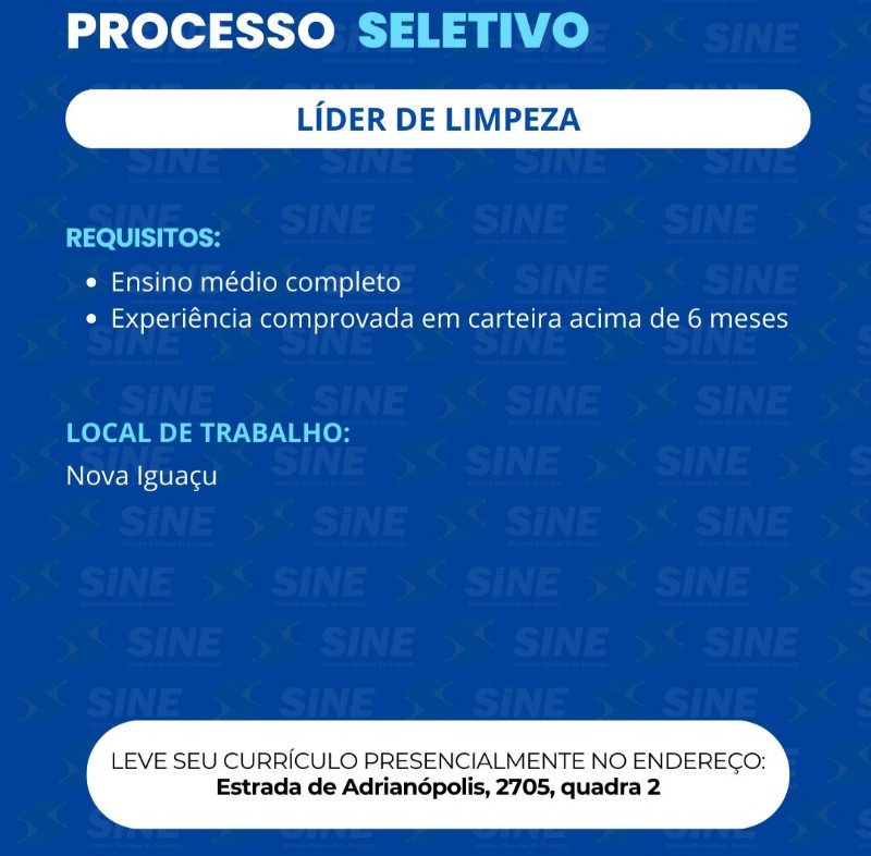 1 Vaga de emprego para Líder De Limpeza na Cidade Nova Iguaçu em 23/09