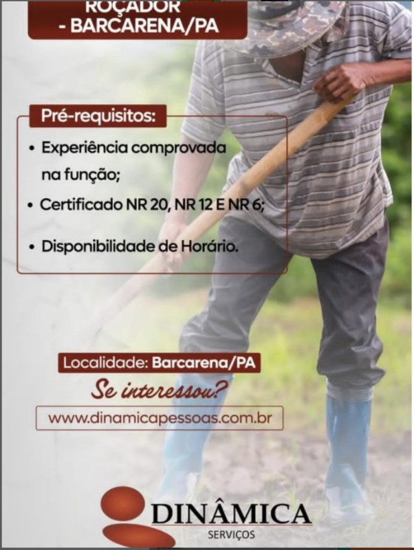 1 Vaga de emprego para Roçador na empresa DINAMICA SERVIÇOS em 27/09