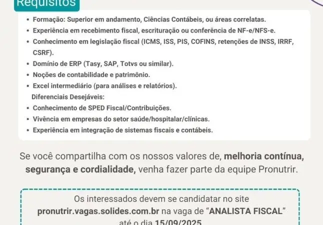 1 Vaga de emprego para Analista Fiscal na empresa Pronutrir em 08/09